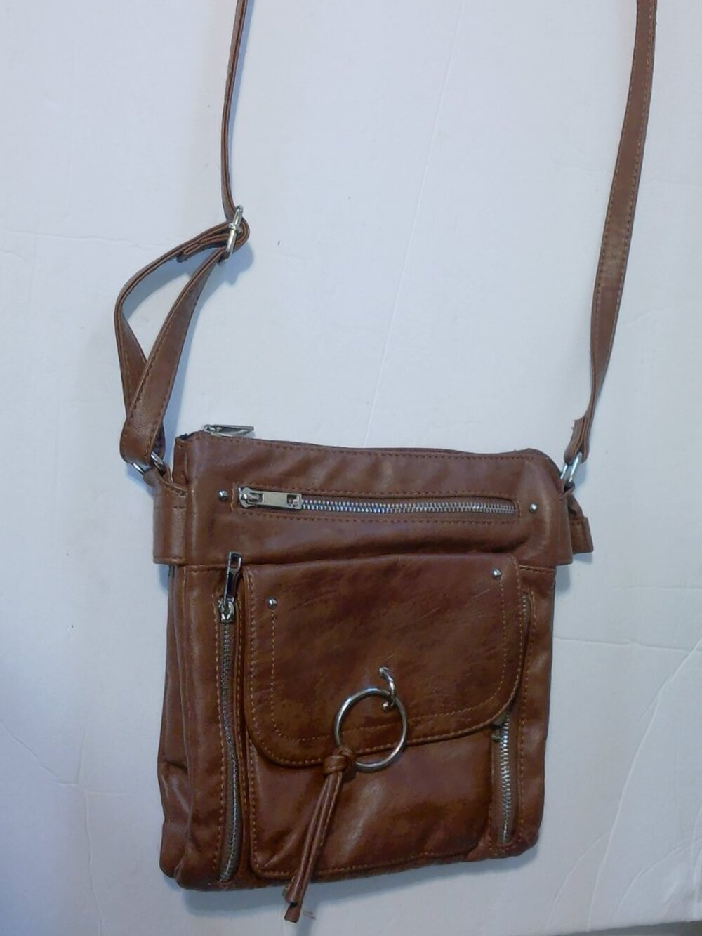 Sam & Hadley Cognac Brown Faux Leather Crossbody Bag Zip Pocket Ring Accent
